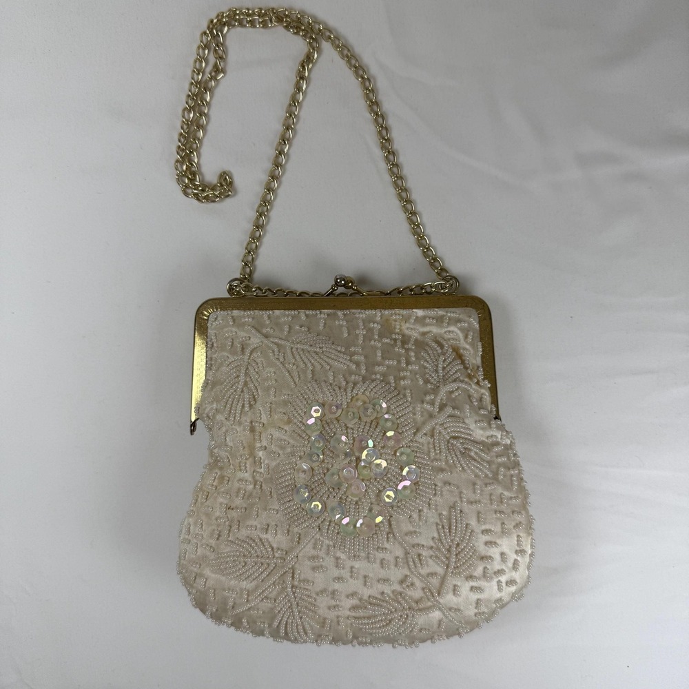 Vintage Faux Pearl Bags Beaded Purse 1940s Chain